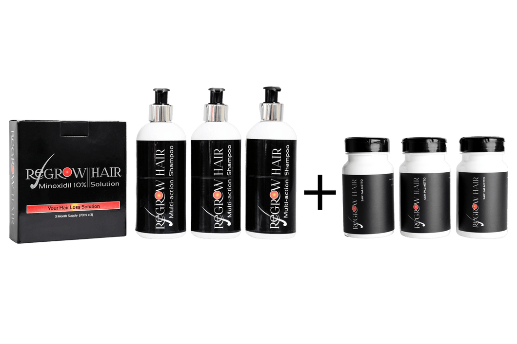 The Ultimate Combo Saw Palmetto Extract 375mg per tablet 3-month supply, 3 x 70ml bottles Minoxidil 10% (3-month supply) & 3 x 250ml multi-action pure shampoo with FREE DELIVERY.